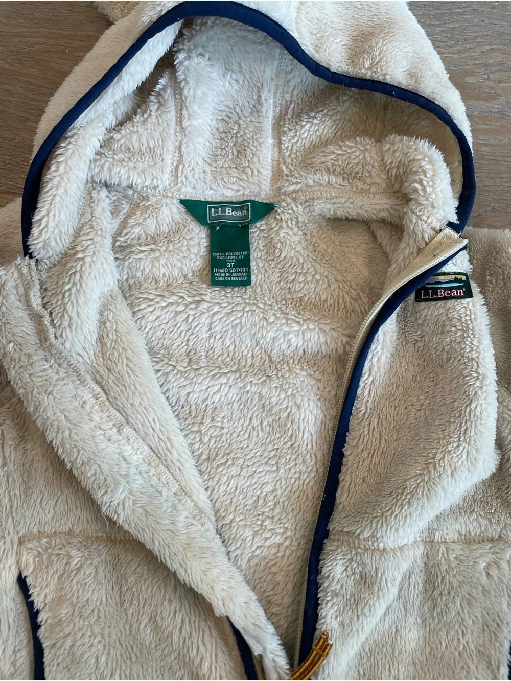L.L.Bean Cream Teddy Fleece Hooded Jacket with Navy Trim - Picture 3 of 3